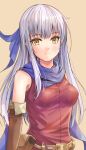  1girl bangs belt belt_buckle blue_scarf breasts brown_gloves buckle closed_mouth elbow_gloves eyebrows_visible_through_hair fire_emblem fire_emblem:_radiant_dawn fuussu_(21-kazin) gloves long_hair looking_at_viewer medium_breasts micaiah_(fire_emblem) red_shirt scarf shirt silver_hair sleeveless sleeveless_shirt solo upper_body white_background yellow_eyes 