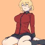  1girl arm_support black_footwear black_skirt blonde_hair blue_eyes braid breasts darjeeling_(girls_und_panzer) french_braid girls_und_panzer hair_between_eyes highres huaronanago jacket large_breasts parted_lips red_jacket sitting skirt solo st._gloriana&#039;s_military_uniform sweatdrop tan_background yokozuwari 