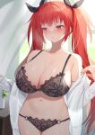 1girl alexmaster azur_lane bangs bare_shoulders black_bra black_panties black_ribbon blush bra breasts cleavage collarbone hair_ribbon honolulu_(azur_lane) large_breasts long_hair long_sleeves looking_to_the_side navel off_shoulder open_clothes open_mouth open_shirt panties red_eyes red_hair ribbon shirt solo thighs twintails underwear white_shirt 