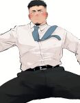  1boy absurdres bara black_hair blue_necktie blush bulge collared_shirt facial_hair feet_out_of_frame goatee highres looking_at_viewer male_focus mature_male muscular muscular_male necktie original salaryman shirt short_hair solo spread_legs sweatdrop udon_oneday undercut white_background white_shirt 