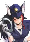  1girl animal_ear_fluff animal_ears black_hair cuffs gloves handcuffs highres hololive micon multicolored_hair one_eye_closed ookami_mio police police_uniform policewoman red_hair streaked_hair uniform virtual_youtuber white_gloves wolf_ears wolf_girl 