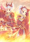  2girls dunceneygak fiery_sky fire heavybowgun highres horns monster_hunter_(series) monster_hunter_4_g multiple_girls red_armor red_eyes sword teostra_(armor) weapon 