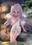  1girl blue_archive blush demon_horns demon_wings halo highres hina_(blue_archive) horns long_hair looking_at_viewer mamiyahara_hitoshige multiple_horns naked_towel on_ground onsen partially_submerged purple_eyes silver_hair solo steam sweat thighs towel tree wings 