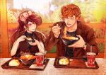  1boy 1girl animal_ears baozi blue_eyes bow bowl brown_hair brown_shirt casual chopsticks contemporary day drink drinking_straw eating fake_animal_ears food hair_bow hercules_(disney) hercules_(disney)_(character) hetero highres indoors looking_at_another megara_(disney) mizala noodles ramen shirt short_hair sitting soup spoon tray watch wristwatch 