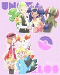  2boys 3girls ;d ahoge bare_arms black_vest blonde_hair blue_jumpsuit blue_ribbon bonnie_(pokemon) bow bowtie braixen brown_eyes brown_shirt cilan_(pokemon) clemont_(pokemon) closed_mouth collared_shirt commentary_request dedenne eyelashes glasses green_bow green_bowtie green_eyes green_hair hand_on_own_chin hand_up hat haxorus highres iris_(pokemon) jumpsuit long_hair long_sleeves luxray medium_hair mei_(maysroom) multiple_boys multiple_girls neck_ribbon no_sclera on_head one_eye_closed open_mouth outline pansage poke_ball_symbol pokemon pokemon_(anime) pokemon_(creature) pokemon_(game) pokemon_bw_(anime) pokemon_on_head pokemon_xy pokemon_xy_(anime) purple_background purple_hair ribbon round_eyewear serena_(pokemon) shirt short_hair sleeveless smile stroking_own_chin teeth tongue twitter_username two_side_up upper_teeth vest waving white_shirt yellow_shirt 