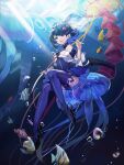  1girl bangs black_footwear blue_eyes blue_hair bob_cut dress eir fish full_body hair_ornament highres honkai_(series) honkai_impact_3rd open_mouth purple_legwear purple_sleeves seele_vollerei seele_vollerei_(swallowtail_phantasm) shoes short_hair solo strapless strapless_dress thighhighs tropical_fish underwater water white_dress 