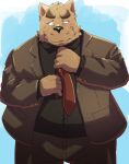  2022 anthro belly big_belly black_nose bottomwear brown_body brown_fur canid canine canis clothing domestic_dog emufu fur hi_res humanoid_hands kemono male mammal necktie overweight overweight_male pants shirt solo topwear 
