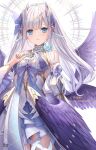  1girl amaba_syui bangs blue_eyes breasts closed_mouth detached_sleeves dress feathered_wings flower hair_ornament halter_dress halterneck hand_up head_wings highres holding holding_flower indie_virtual_youtuber looking_at_viewer multiple_wings munuu purple_wings seraph small_breasts solo upper_body virtual_youtuber white_hair wings 