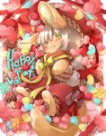  1other :3 ambiguous_gender animal_ears blush bow candy chocolate eating food furry happy_valentine heart heart-shaped_chocolate highres looking_at_viewer lying made_in_abyss mumu_yu_mu nanachi_(made_in_abyss) on_back other_focus rabbit_ears red_ribbon ribbon solo tail whiskers white_hair yellow_bow yellow_eyes yellow_ribbon 
