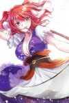  1girl alto2019 backlighting bloom breasts hair_bobbles hair_ornament highres holding holding_scythe large_breasts looking_at_viewer obi onozuka_komachi puffy_short_sleeves puffy_sleeves red_eyes red_hair sash scythe short_sleeves simple_background solo touhou two_side_up white_background 