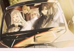  1boy 3girls ahoge artoria_pendragon_(fate) blonde_hair bsq business_suit car closed_eyes driving emiya_kiritsugu fate/stay_night fate_(series) formal green_eyes ground_vehicle highres illyasviel_von_einzbern irisviel_von_einzbern long_hair long_sleeves looking_at_viewer motor_vehicle multiple_girls necktie open_mouth red_eyes saber seatbelt suit white_hair 