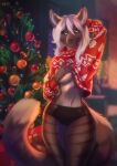  breasts christmas clothing domestic_cat eri-yo felid feline felis female hair hi_res holidays kyte_frost long_hair mammal snoval sweater topwear underwear white_hair 