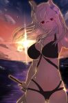  1girl black_swimsuit blush breasts commentary_request glasses head_wings heidimarie_w._schnaufer highres ika_(hinatu1992) large_breasts long_hair long_sleeves ocean red_eyes silver_hair sky smile solo strike_witches sunset swimsuit tail world_witches_series 