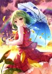 1girl after_rain ascot bangs black_bow blue_sky blush bow breasts cloud cloud_print cloudy_sky commentary_request eyebrows_visible_through_hair fingernails frills green_hair hair_between_eyes hands_up holding holding_umbrella kazami_yuuka leaf long_fingernails long_sleeves looking_at_viewer medium_breasts miyase_mahiro nail_polish open_mouth petals pink_nails plaid plaid_skirt plaid_vest purple_sky rainbow red_skirt red_vest shirt short_hair skirt sky sky_print solo standing sun sunlight sunset touhou umbrella vest white_shirt yellow_ascot yellow_eyes yellow_sky 