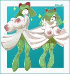  big_breasts breasts featureless_crotch female gesture green_hair hair hi_res huge_breasts kirlia negullust nintendo nipples not_furry pok&eacute;mon pok&eacute;mon_(species) v_sign video_games 