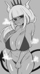  1girl blush breasts caevery crown demon_girl demon_horns demon_tail greyscale helltaker highres horns large_breasts lucifer_(helltaker) mole mole_under_eye monochrome steam sweat tail underwear white_hair 