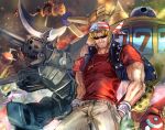  1boy american_flag american_flag_print bandana barrel_dragon claws cowboy_shot cross cross_necklace duel_monster facial_hair flag_print grin hands_in_pockets hatano_kiyoshi jewelry keith_howard launcher_spider male_focus metalzoa muscular muscular_male necklace pants pendulum_machine red_shirt robot shirt short_sleeves slot_machine_(yu-gi-oh!) smile solo stubble sunglasses t-shirt teeth yu-gi-oh! yu-gi-oh!_duel_monsters 