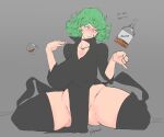  1girl alternate_breast_size black_dress blush breasts cup curly_hair curvy dress drinking_glass drunk green_eyes green_hair highres huge_breasts no_panties one-punch_man short_hair sitting smoxul tatsumaki thick_thighs thighhighs thighs wariza 