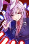  1girl alto2019 animal_ears blazer crescent crescent_pin danmaku finger_gun index_finger_raised jacket long_hair long_sleeves looking_at_viewer necktie purple_hair rabbit_ears red_eyes reisen_udongein_inaba shirt solo touhou upper_body white_shirt 