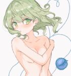  1girl blush breasts collarbone completely_nude covering covering_breasts green_eyes green_hair heart heart_of_string komeiji_koishi looking_at_viewer no_hat no_headwear nude paragasu_(parags112) simple_background solo third_eye touhou upper_body white_background 