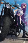  1girl black_footwear black_pants blue_sky boots breasts closed_mouth day denim eyewear_on_head fate/stay_night fate_(series) ground_vehicle highres ichi_yoshida jeans knee_boots large_breasts long_hair looking_to_the_side medusa_(fate) medusa_(rider)_(fate) midriff motor_vehicle motorcycle navel outdoors pants purple_eyes purple_hair road shirt short_sleeves sitting sky solo street tied_shirt very_long_hair white_shirt 