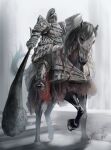  1boy armor barding club_(weapon) crossover dark_souls_(series) dark_souls_i elden_ring full_armor fusion gauntlets havel_the_rock helmet highres holding holding_club holding_shield holding_weapon horseback_riding masai_no_senshi pauldrons riding shield shoulder_armor signature standing_on_three_legs tower_shield tree_sentinel weapon 