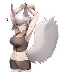  1girl ? animal_ears arknights armpits arms_up ashlock_(arknights) bare_arms bare_shoulders bike_shorts black_shorts breasts cleavage closed_mouth cowboy_shot grey_eyes highres large_breasts large_tail looking_at_viewer one_eye_closed raw_egg_lent short_hair shorts silver_hair simple_background solo sports_bra squirrel_ears squirrel_girl squirrel_tail stretch sweat tail white_background 