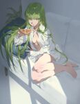  1girl bangs bare_legs barefoot bottomless breasts c.c. cheese_trail cleavage code_geass collared_shirt couch day dress_shirt eating fajyobore food from_above full_body green_hair hand_up highres holding holding_food holding_pizza indoors leaning_to_the_side light_particles long_hair long_sleeves looking_at_viewer naked_shirt no_bra open_clothes open_shirt palm_leaf pillow pizza pizza_slice plant shirt sitting sleeves_past_wrists smile solo very_long_hair white_shirt window_shade yellow_eyes yokozuwari 