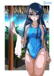  1girl blue_eyes blue_hair blue_sky blue_swimsuit breasts cloud competition_swimsuit cowboy_shot groin highres long_hair looking_at_viewer medium_breasts minazuki_karen one-piece_swimsuit pole precure sky solo standing swimsuit takaishi_fuu towel wet wet_clothes wet_swimsuit yes!_precure_5 