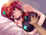  1girl :o bangs bare_shoulders black_swimsuit blush breast_grab breast_hold breast_squeeze breasts chest_jewel competition_swimsuit covered_collarbone gem grabbing headpiece large_breasts lying on_side one-piece_swimsuit pyra_(pro_swimmer)_(xenoblade) pyra_(xenoblade) red_eyes red_hair red_swimsuit ribbed_swimsuit short_hair skindentation solo strapless strapless_swimsuit striped striped_swimsuit swept_bangs swimsuit taka-kun tiara two-tone_swimsuit vertical-striped_swimsuit vertical_stripes xenoblade_chronicles_(series) xenoblade_chronicles_2 