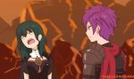  1boy 1girl armor bangs blue_eyes blue_hair breasts byleth_(fire_emblem) byleth_(fire_emblem)_(female) charlotte_(anime) cleavage closed_mouth fire_emblem fire_emblem:_three_houses fire_emblem_warriors fire_emblem_warriors:_three_hopes hair_ornament hair_over_one_eye highres kimerson long_hair long_sleeves medium_hair meme open_mouth purple_eyes purple_hair shez_(fire_emblem) shez_(fire_emblem)_(male) short_hair simple_background 