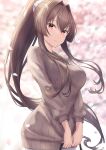  1girl blush breasts brown_eyes brown_hair brown_sweater closed_mouth eyebrows_visible_through_hair hair_between_eyes highres kantai_collection large_breasts long_hair long_sleeves monoku petals ponytail ribbed_sweater solo sweater upper_body yamato_(kancolle) 