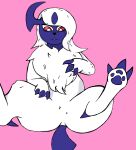  absol ambiguous_gender blue_body blue_skin claws featureless_crotch feral fur hi_res horn lying nintendo on_back pink_background pok&eacute;mon pok&eacute;mon_(species) red_eyes simple_background solo spread_legs spreading video_games white_body white_fur wooperanon 