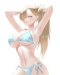  1girl absurdres armpits arms_behind_head asuna_(blue_archive) bangs bikini blue_archive blue_bikini blue_eyes breasts cleavage closed_mouth cowboy_shot hair_lift hair_over_eyes hair_over_one_eye hands_in_hair highres large_breasts long_hair looking_at_viewer mole mole_on_breast navel savarin_(fjnr7287) side-tie_bikini simple_background smile solo strap_gap string_bikini swimsuit underboob very_long_hair white_background 