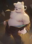  2022 absurd_res anthro bandage belly big_belly black_nose clothed clothing eyewear glasses hi_res humanoid_hands kemono male mammal moobs nipples odd_taxi overweight overweight_male polar_bear seamonsterping sekiguchi_(odd_taxi) solo ursid ursine white_body 