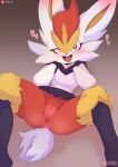  &lt;3 absurd_res anthro blush cinderace female flat_chested genitals hi_res nintendo one_eye_closed pok&eacute;mon pok&eacute;mon_(species) pussy sarox solo spread_legs spreading video_games wink 