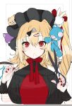  1girl alternate_costume animal bangs black_bow black_dress blonde_hair blush bow dress eyebrows_visible_through_hair flandre_scarlet gotou_(nekocat) hair_between_eyes hat long_hair long_sleeves looking_at_viewer nail_polish on_head red_eyes red_nails solo stuffed_toy touhou wings 