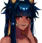  1girl animal_ears anput_(nsfwolf) bandaid bandaid_on_face bangs black_hair blonde_hair blunt_bangs blunt_ends blush dark-skinned_female dark_skin hand_on_own_face highres multicolored_hair nsfwolf original red_eyes smile solo two-tone_hair 