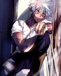  1boy artist_name blue_eyes boku_no_hero_academia burn_scar cheek_piercing dabi_(boku_no_hero_academia) highres looking_outside male_focus multiple_scars piercing scar scar_on_arm scar_on_face scar_on_hand scar_on_neck sharl0ck shirt sitting solo spiked_hair spoilers staple stapled stitches sunlight symbol-only_commentary todoroki_touya white_hair white_shirt window 