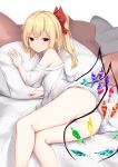  1girl ass bangs bare_legs bare_shoulders blonde_hair blush bottomless bow crystal eyebrows_visible_through_hair feet_out_of_frame flandre_scarlet hair_between_eyes highres kashiwagi_yamine looking_at_viewer lying no_hat no_headwear off_shoulder on_bed on_side one_side_up parted_lips pillow red_bow red_eyes red_ribbon ribbon shirt short_hair short_sleeves solo thighs touhou white_shirt wing_censor wings 