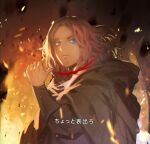  1girl blue_eyes cloak closed_mouth elden_ring embers fiery_background fire grey_eyes hand_up heterochromia hood hood_down hooded_cloak kokutan_kitsunen long_sleeves looking_at_viewer melina_(elden_ring) slit_throat_(gesture) solo spoilers translation_request 