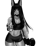  1girl abs absurdres animal_ears anput_(nsfwolf) bandaid bandaid_on_cheek bandaid_on_face bangs black_hair black_shirt blunt_bangs blunt_ends breasts can greyscale highres holding holding_can large_breasts midriff monochrome multicolored_hair nsfwolf original shirt sports_bra sportswear toned two-tone_hair weightlifting weights 