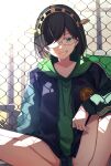  alternate_costume black_eyes black_hair black_jacket black_shorts chain-link_fence fence glint green-framed_eyewear green_sweater grin hairband highres hood hooded_sweater hoodie jacket kantai_collection katsuobushi_(eba_games) kirishima_(kancolle) looking_at_viewer short_hair shorts sitting smile sweater 