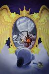  broken_mirror candy different_reflection food full_body highres kirby kirby_(series) lollipop mask meta_knight mirror omanju red_eyes reflection star_(symbol) wings yellow_eyes 