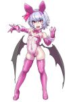  1girl animal_ears bat_wings blue_hair bow bowtie breasts covered_navel detached_collar elbow_gloves fake_animal_ears fake_tail fangs fingernails gloves hair_ribbon hairband high_heels highres leotard mersoleil03 pink_eyes pink_footwear pink_hairband pink_legwear pink_leotard pink_ribbon playboy_bunny pointy_ears rabbit_ears rabbit_tail remilia_scarlet ribbon sharp_fingernails short_hair simple_background small_breasts solo strapless strapless_leotard tail thighhighs touhou transparent_leotard white_background wings wrist_cuffs 
