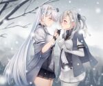  2girls absurdres bare_tree black_gloves black_sailor_collar black_skirt blush bodysuit branch breasts clothes_writing elbow_gloves eye_contact fuyutsuki_(kancolle) gloves grey_eyes grey_legwear grey_neckerchief grey_shawl hachimaki half_gloves headband headgear highres holding_hands kantai_collection large_breasts long_hair looking_at_another medium_breasts microskirt miniskirt multiple_girls neckerchief nuka_(nvkka) one_side_up outdoors pleated_skirt sailor_collar school_uniform serafuku shirt short_sleeves side_ponytail silver_hair skirt snowing suzutsuki_(kancolle) thighhighs tree very_long_hair white_bodysuit white_gloves white_headband white_neckerchief white_sailor_collar white_shirt white_skirt yuri 