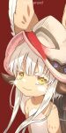  1other :3 ambiguous_gender bangs blackcat_(blackcatbox) ears_through_headwear furry horizontal_pupils looking_at_viewer made_in_abyss nanachi_(made_in_abyss) other_focus red_background solo thick_eyelashes twitter_username upper_body whiskers white_hair yellow_eyes 