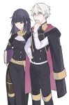  1boy 1girl absurdres artist_request bangs black_hair blunt_bangs book breasts fire_emblem fire_emblem:_three_houses fire_emblem_awakening garreg_mach_monastery_uniform highres hood long_hair pantyhose purple_eyes robin_(fire_emblem) robin_(fire_emblem)_(male) school_uniform short_hair simple_background skirt tharja_(fire_emblem) two_side_up uniform white_hair yellow_eyes 