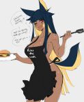  1girl absurdres animal_ears anput_(nsfwolf) apron bandaid bandaid_on_face bangs black_hair blunt_bangs blunt_ends breasts burger dark-skinned_female dark_skin english_text fang food highres large_breasts multicolored_hair naked_apron nsfwolf one_eye_closed original red_eyes smile speech_bubble toned two-tone_hair 