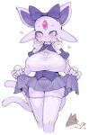  &lt;3 accessory anthro big_breasts blush bottomwear breasts clothed clothing clothing_lift duo eeveelution espeon female frown hair_accessory hair_bow hair_ribbon huge_breasts hypno_(pok&eacute;mon) legwear maid_uniform male nintendo pendulum pok&eacute;mon pok&eacute;mon_(species) purple_sclera ribbons rikose simple_background skirt skirt_lift thigh_highs uniform video_games white_background 